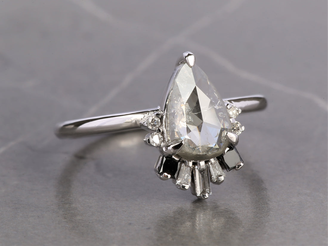 Salt and Pepper Diamond Ring, 14K Gold Anniversary Ring, Natural Gray Pear Diamond Ring, Gift for Her