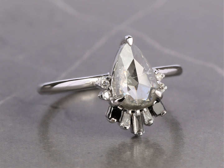 Salt and Pepper Diamond Ring, 14K Gold Anniversary Ring, Natural Gray Pear Diamond Ring, Gift for Her