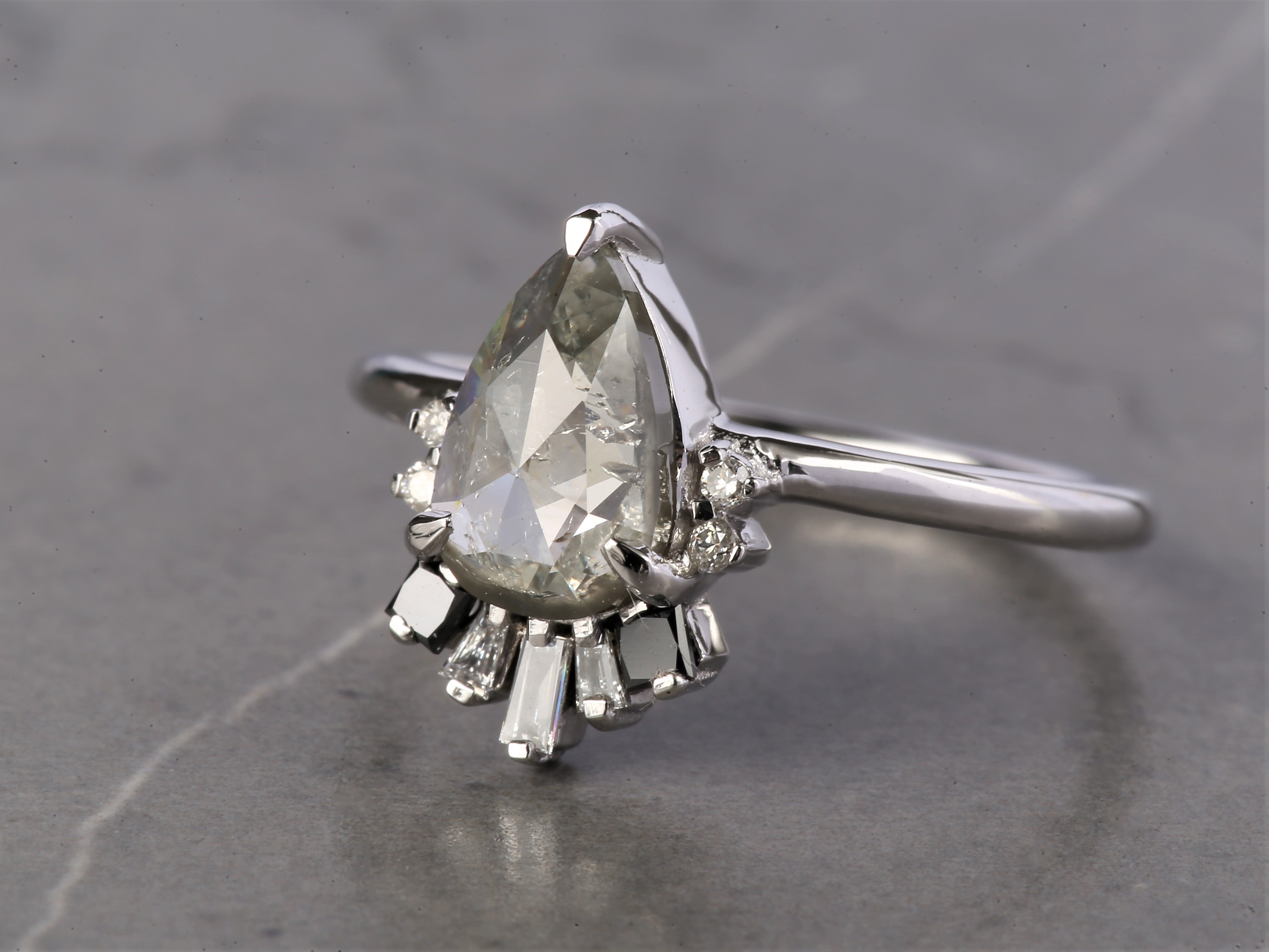 Salt and Pepper Diamond Ring, 14K Gold Anniversary Ring, Natural Gray Pear Diamond Ring, Gift for Her