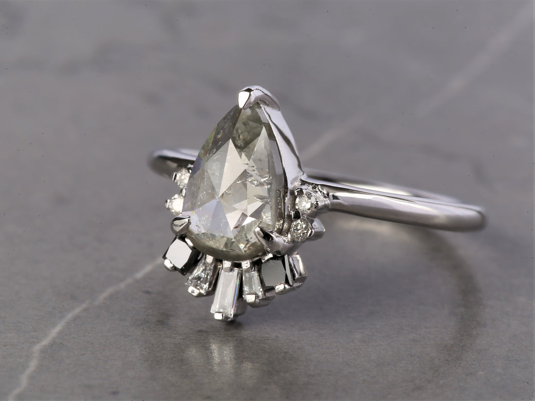 Salt and Pepper Diamond Ring, 14K Gold Anniversary Ring, Natural Gray Pear Diamond Ring, Gift for Her