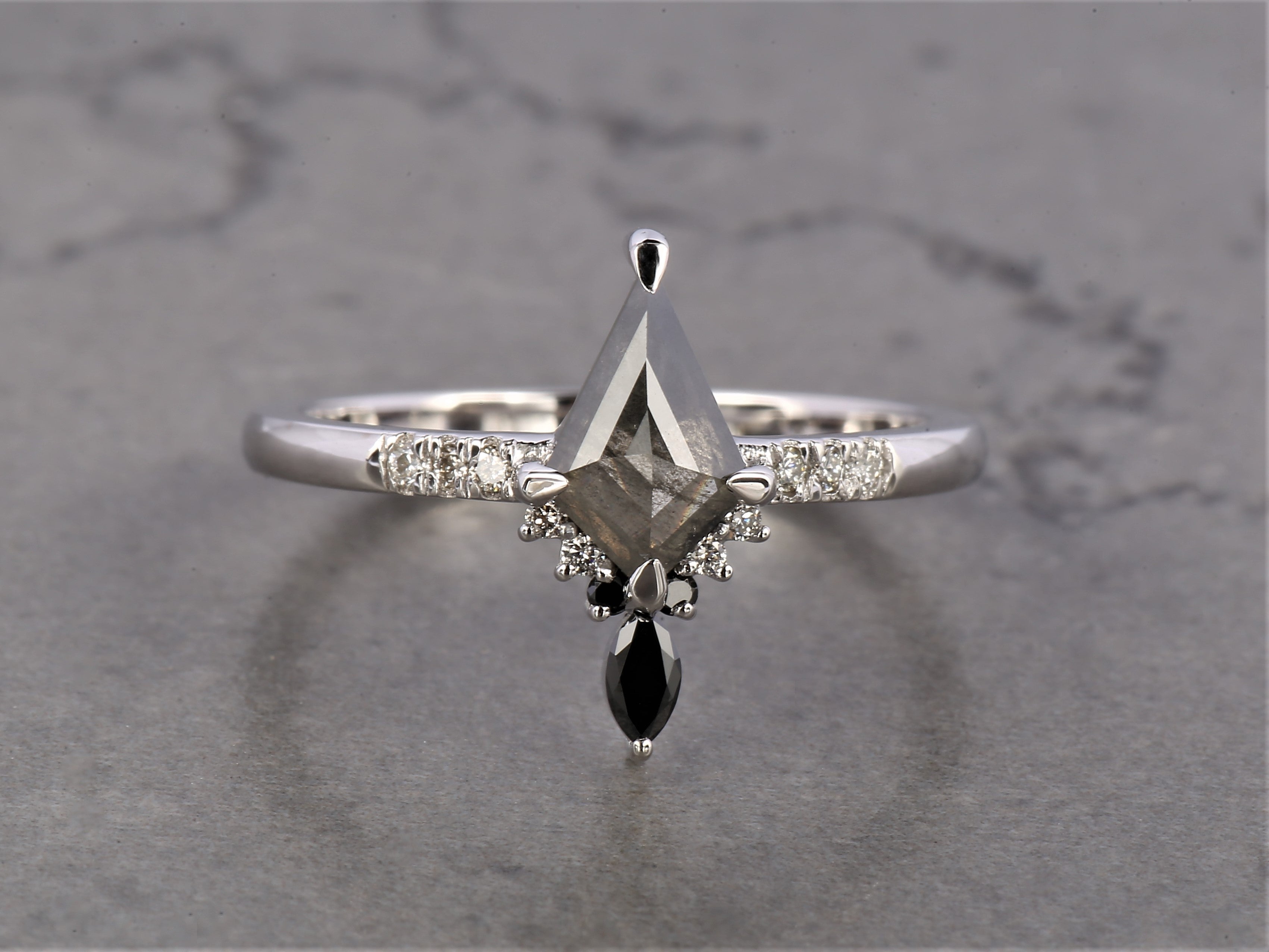 Salt and Pepper Diamond Ring, 14K Gold Engagement Ring, Natural Gray Kite Diamond Ring