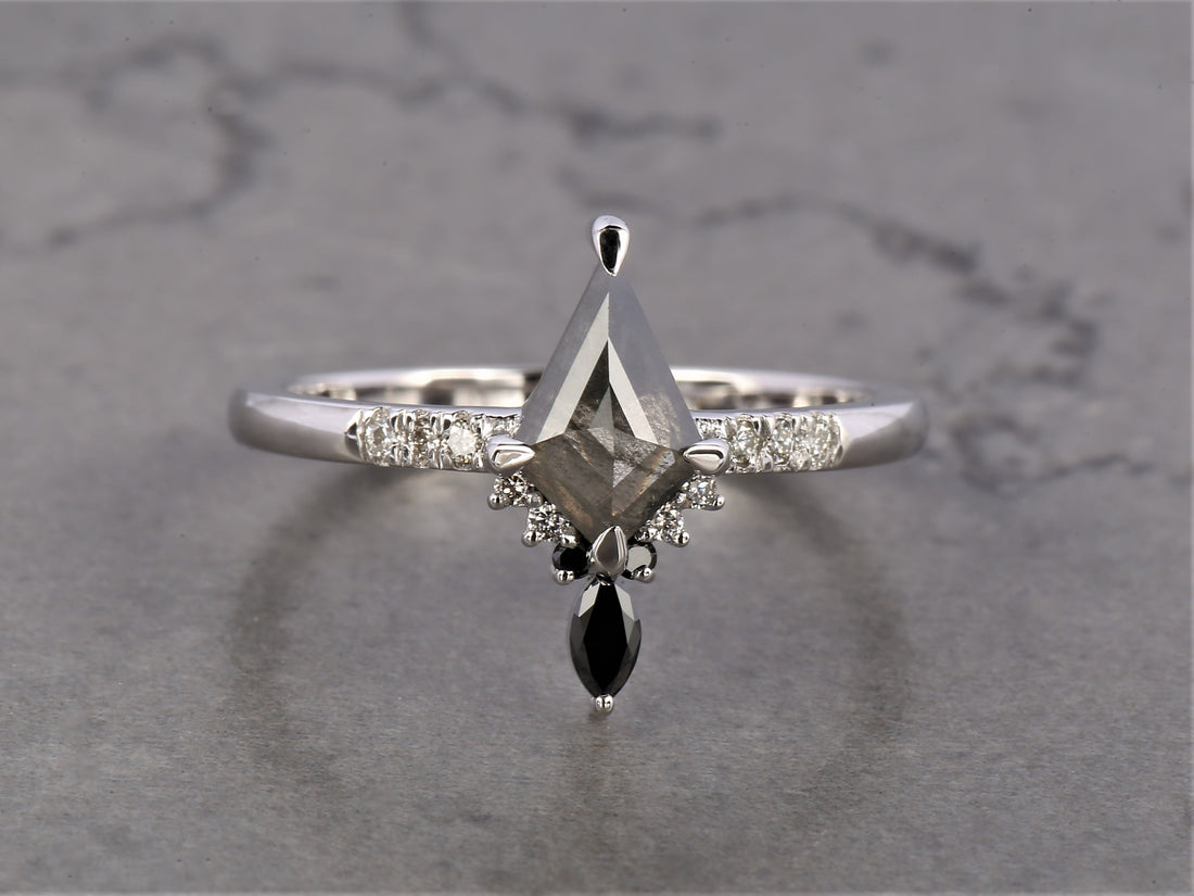 Salt and Pepper Diamond Ring, 14K Gold Engagement Ring, Natural Gray Kite Diamond Ring
