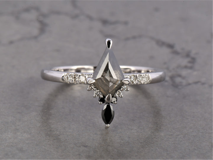 Salt and Pepper Diamond Ring, 14K Gold Engagement Ring, Natural Gray Kite Diamond Ring