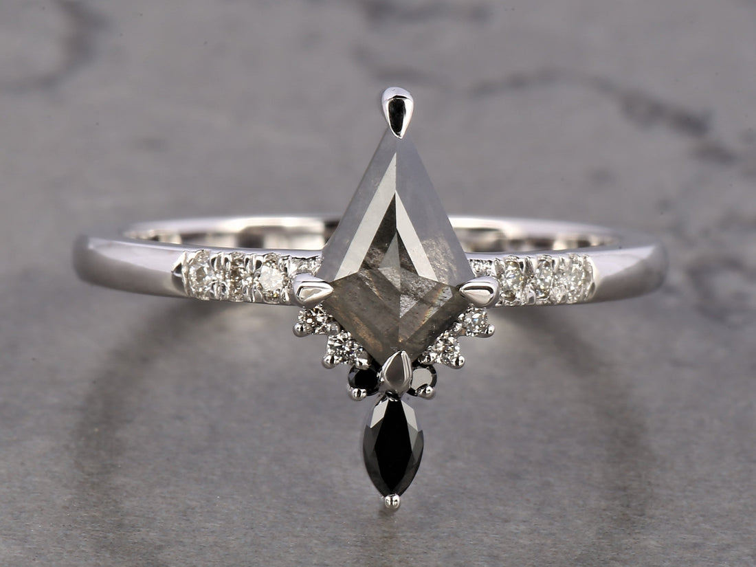 Salt and Pepper Diamond Ring, 14K Gold Engagement Ring, Natural Gray Kite Diamond Ring