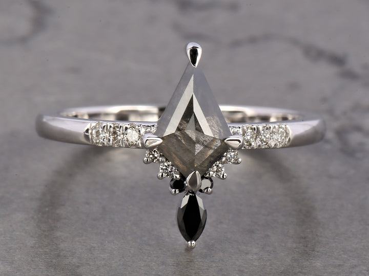 Salt and Pepper Diamond Ring, 14K Gold Engagement Ring, Natural Gray Kite Diamond Ring