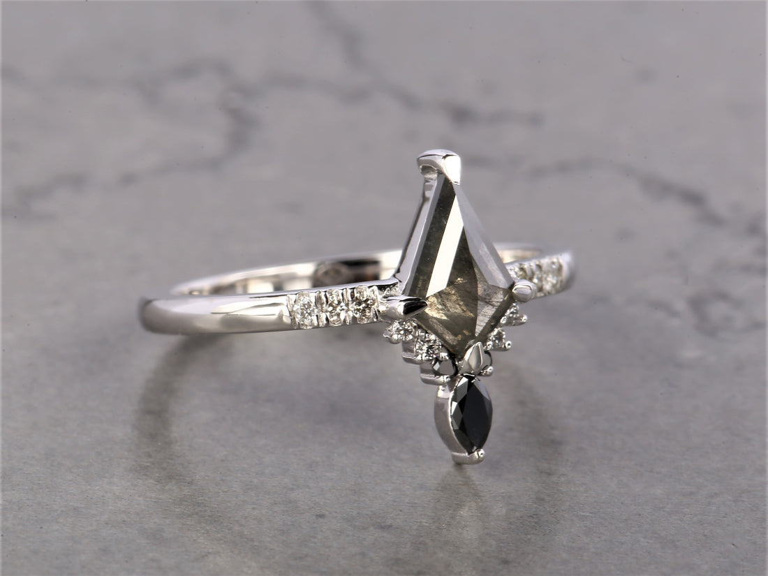 Salt and Pepper Diamond Ring, 14K Gold Engagement Ring, Natural Gray Kite Diamond Ring
