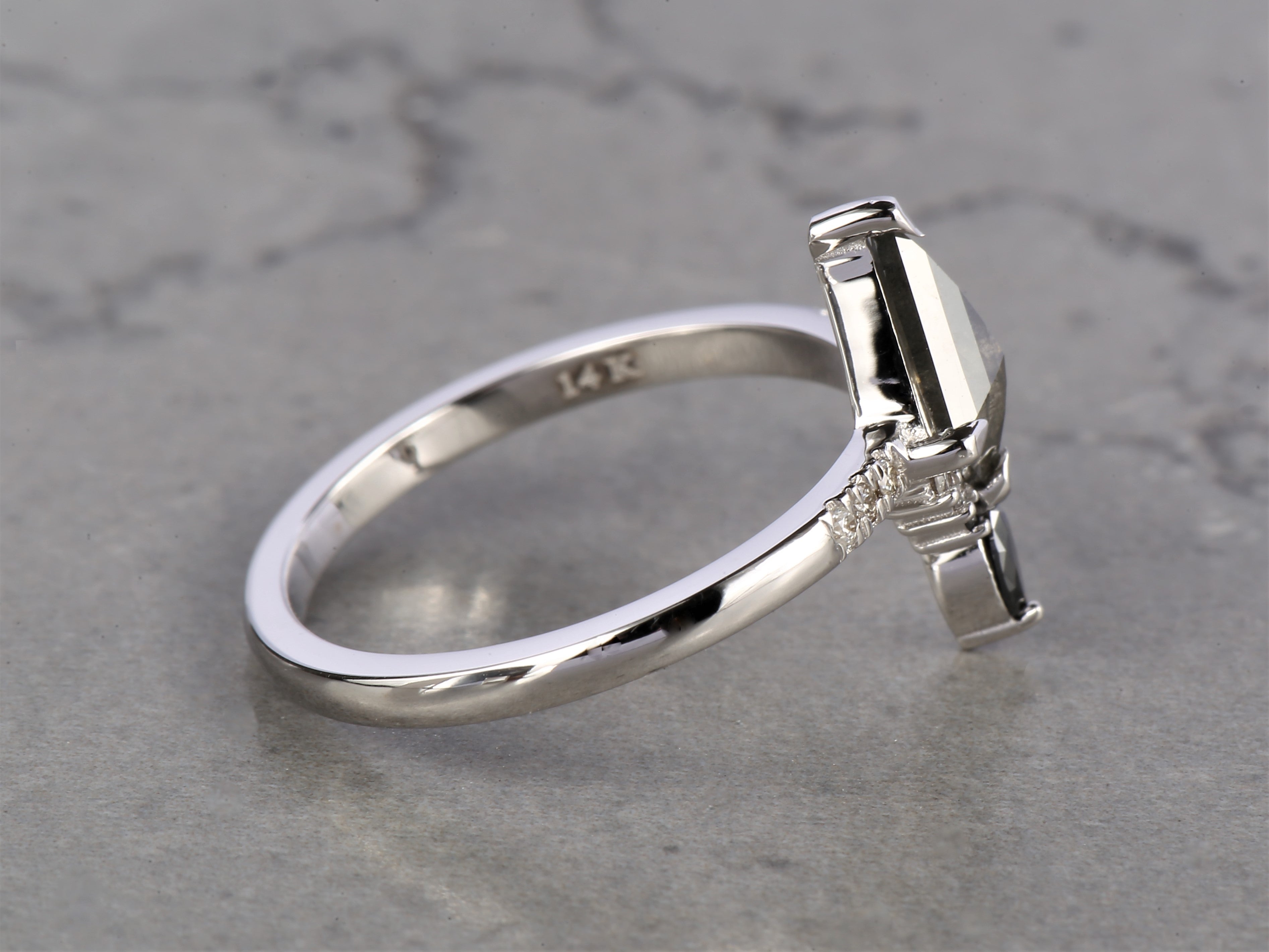 Salt and Pepper Diamond Ring, 14K Gold Engagement Ring, Natural Gray Kite Diamond Ring