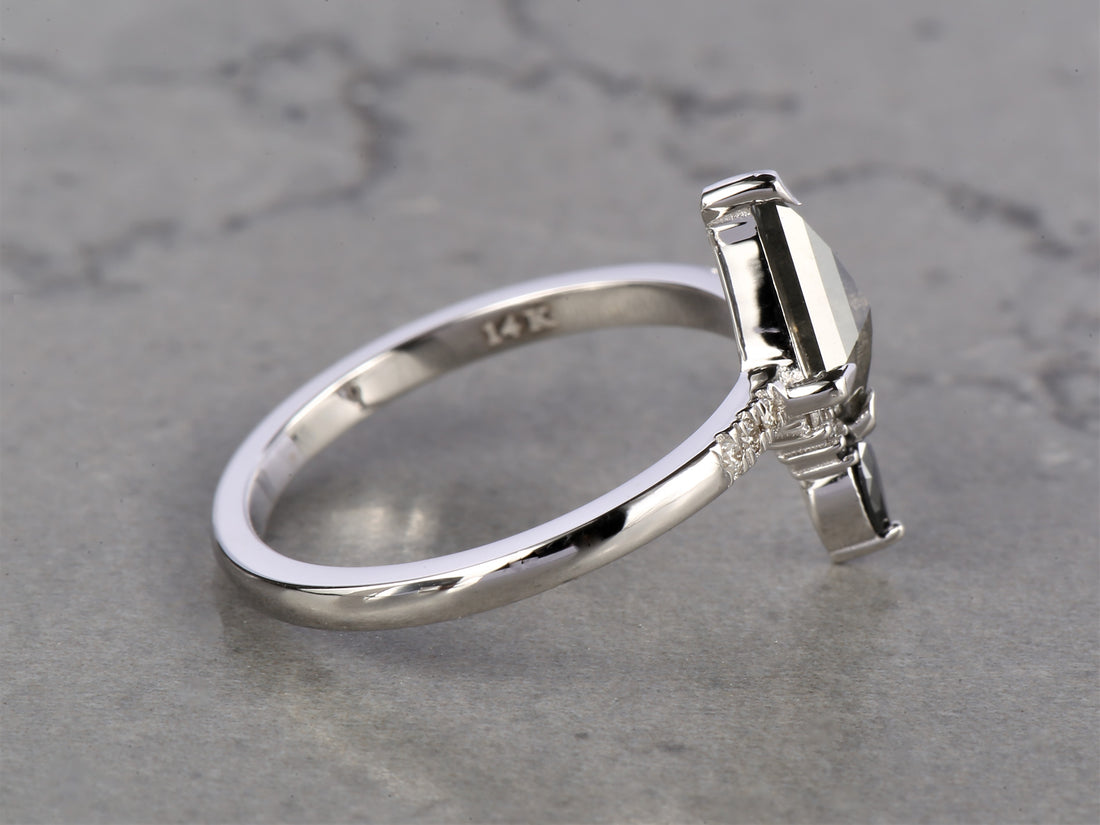 Salt and Pepper Diamond Ring, 14K Gold Engagement Ring, Natural Gray Kite Diamond Ring