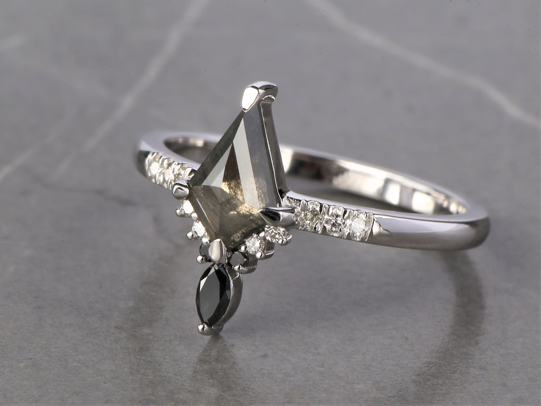 Salt and Pepper Diamond Ring, 14K Gold Engagement Ring, Natural Gray Kite Diamond Ring