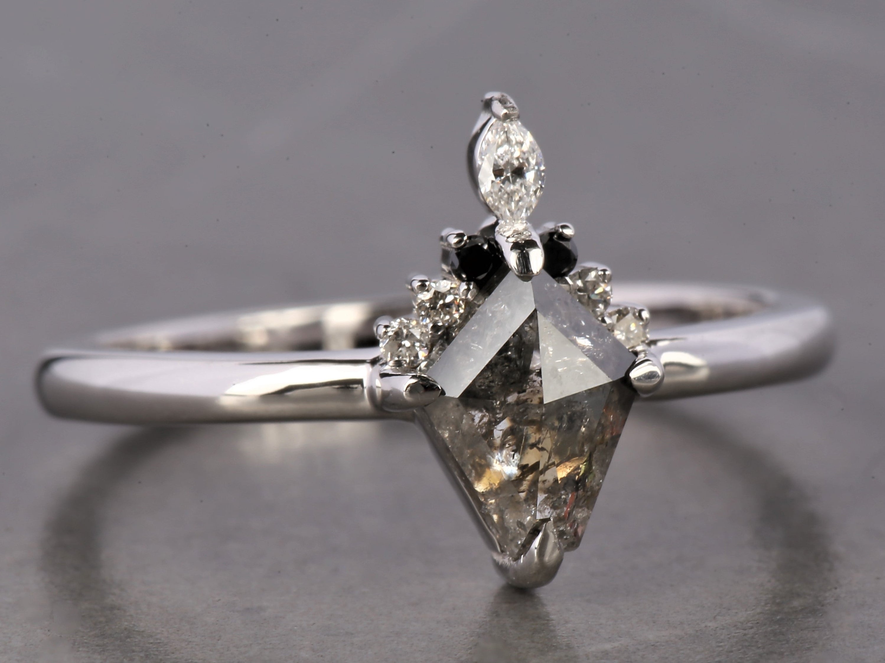 Salt and Pepper Diamond Ring, 14K Gold Engagement Wedding Ring, Natural Gray Kite Diamond Ring