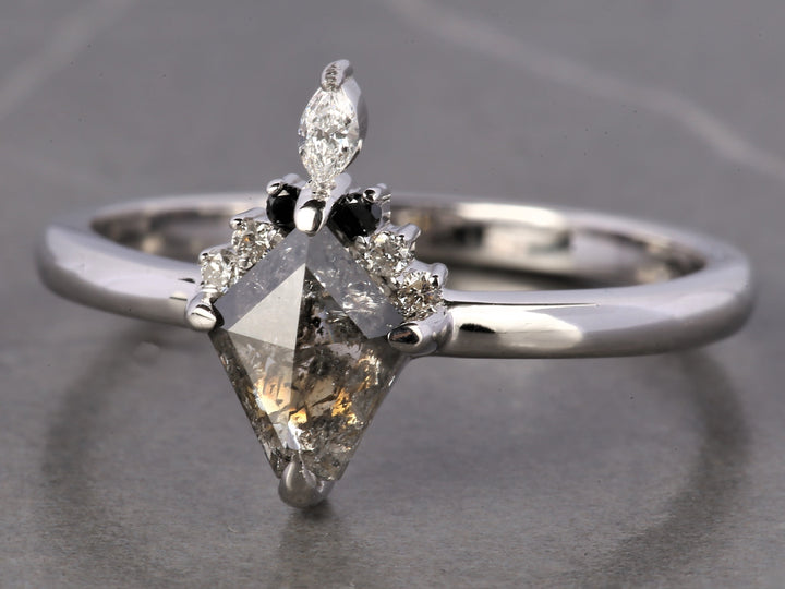 Salt and Pepper Diamond Ring, 14K Gold Engagement Wedding Ring, Natural Gray Kite Diamond Ring
