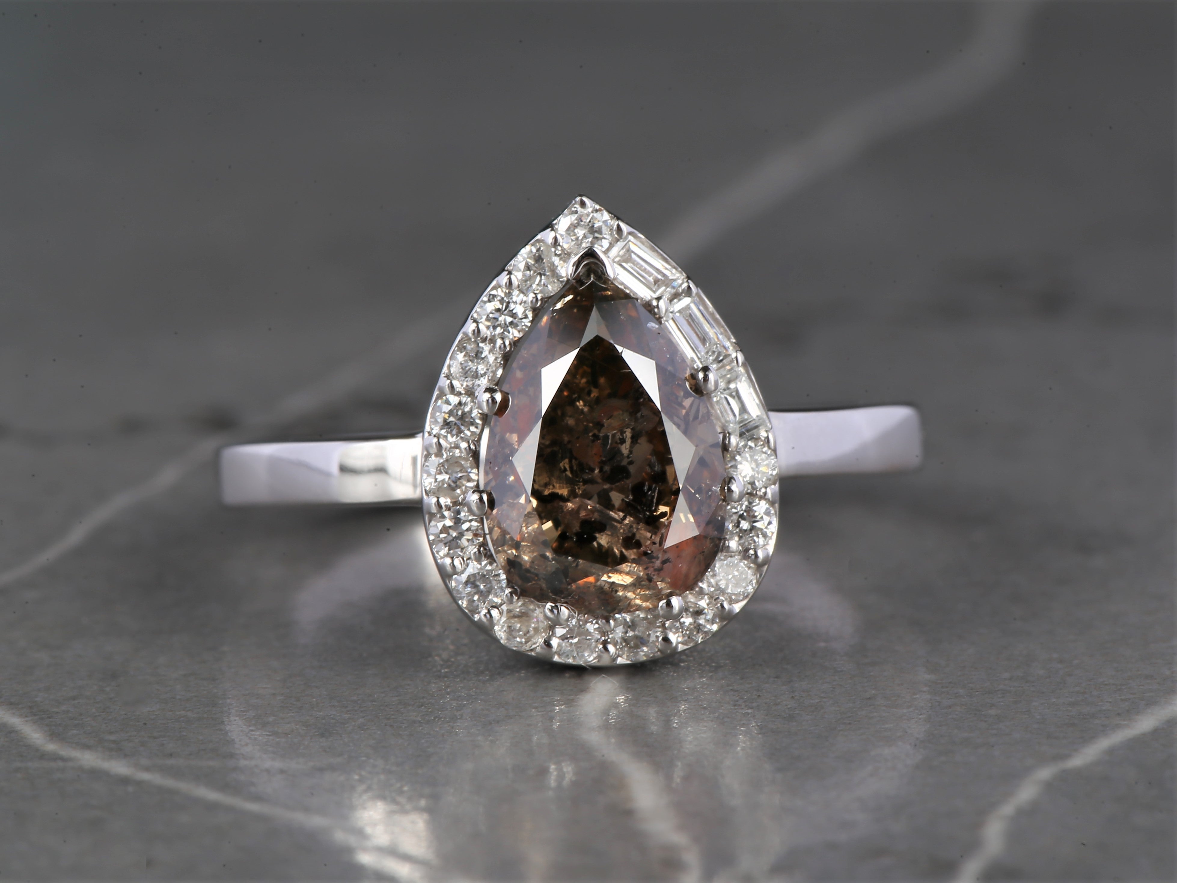 Salt and Pepper Diamond Ring 14K Gold Engagement Ring, Natural Pear Brown Diamond Halo Ring, Christmas Gift for Her