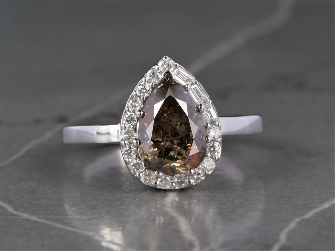 Salt and Pepper Diamond Ring 14K Gold Engagement Ring, Natural Pear Brown Diamond Halo Ring, Christmas Gift for Her