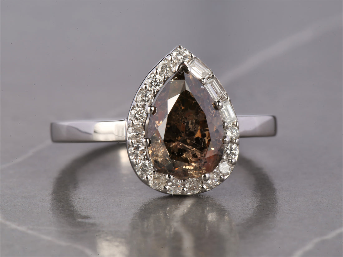 Salt and Pepper Diamond Ring 14K Gold Engagement Ring, Natural Pear Brown Diamond Halo Ring, Christmas Gift for Her