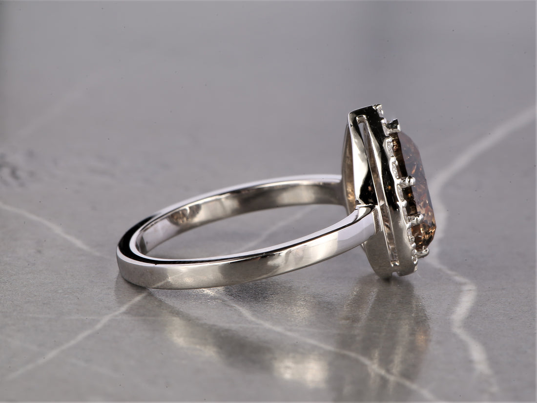 Salt and Pepper Diamond Ring 14K Gold Engagement Ring, Natural Pear Brown Diamond Halo Ring, Christmas Gift for Her