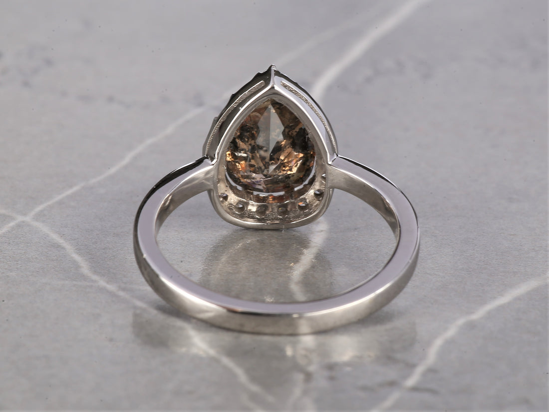 Salt and Pepper Diamond Ring 14K Gold Engagement Ring, Natural Pear Brown Diamond Halo Ring, Christmas Gift for Her