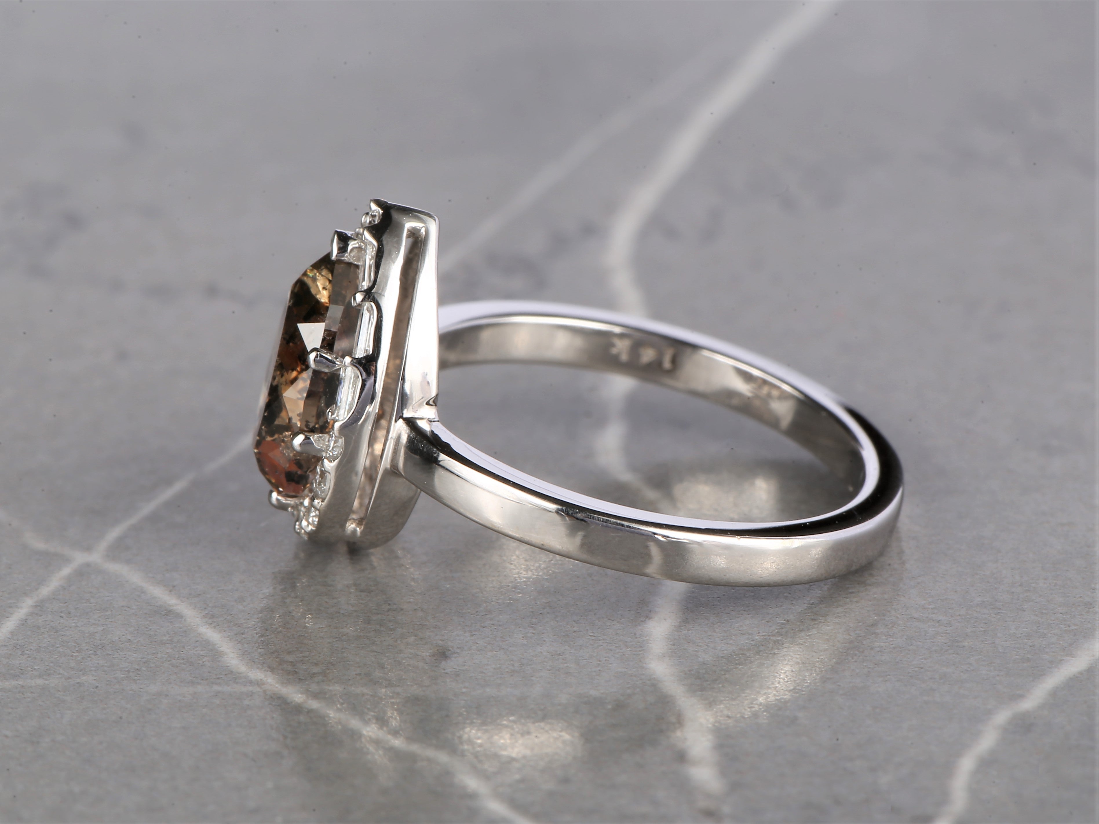 Salt and Pepper Diamond Ring 14K Gold Engagement Ring, Natural Pear Brown Diamond Halo Ring, Christmas Gift for Her