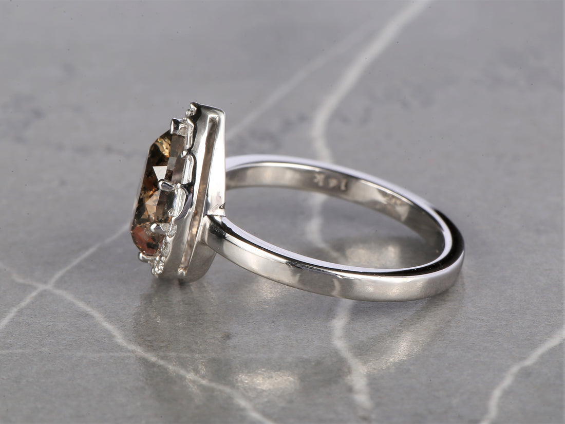 Salt and Pepper Diamond Ring 14K Gold Engagement Ring, Natural Pear Brown Diamond Halo Ring, Christmas Gift for Her