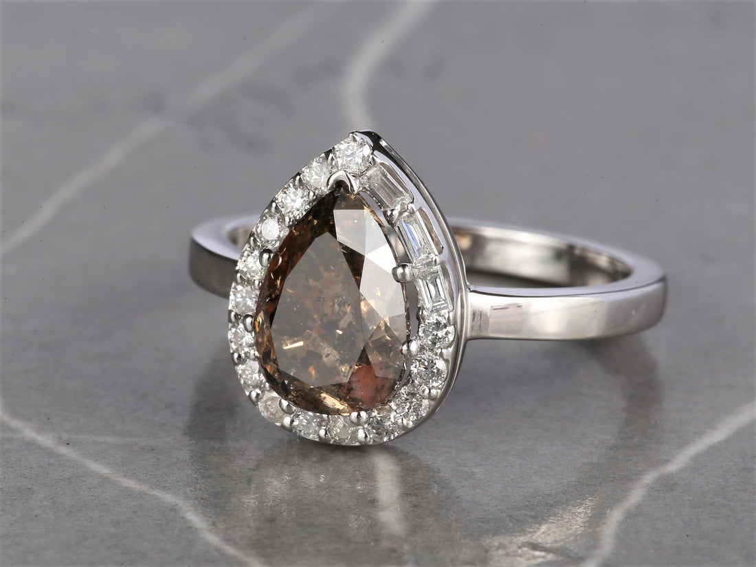 Salt and Pepper Diamond Ring 14K Gold Engagement Ring, Natural Pear Brown Diamond Halo Ring, Christmas Gift for Her