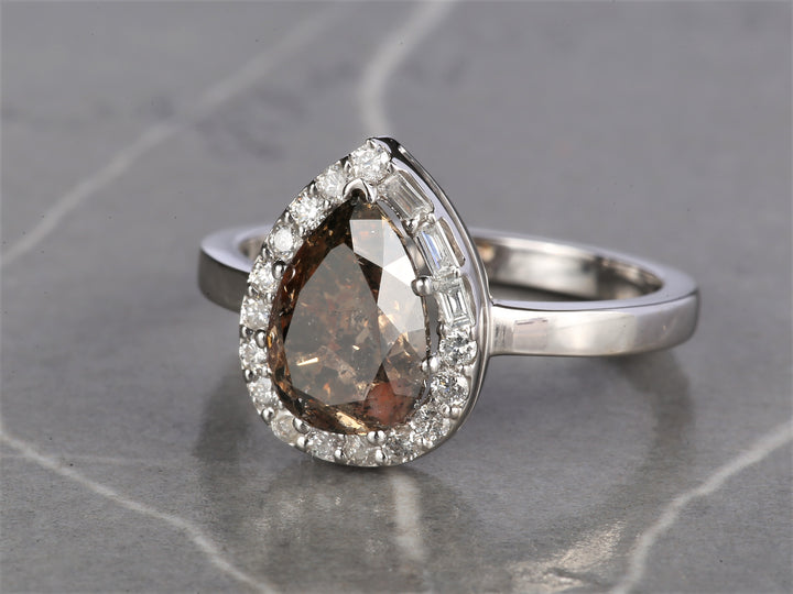 Salt and Pepper Diamond Ring 14K Gold Engagement Ring, Natural Pear Brown Diamond Halo Ring, Christmas Gift for Her
