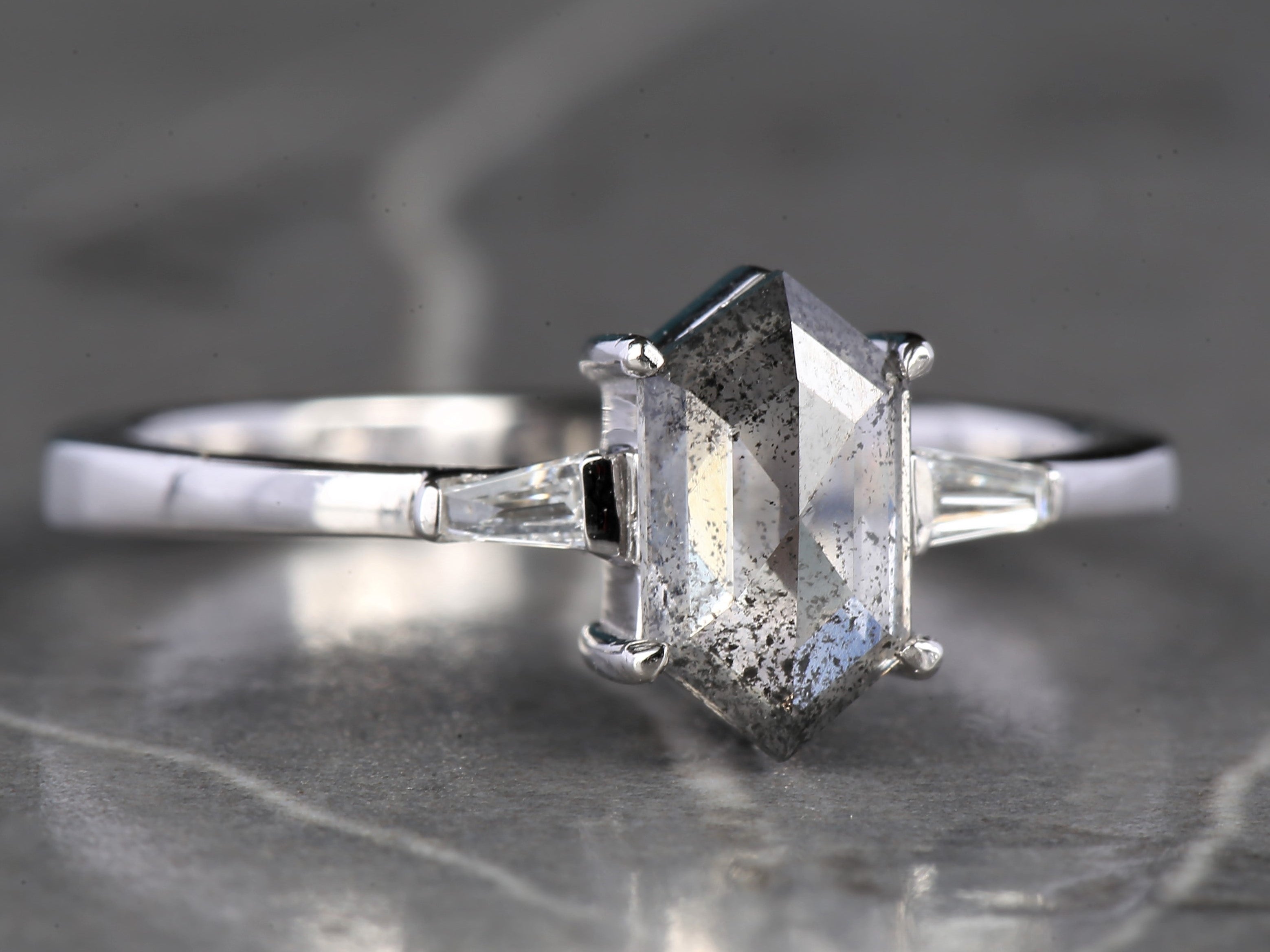 Salt and Pepper Diamond Ring, 14K Gold Engagement Ring, Natural Gray Hexagon Diamond Ring, Gift for Love