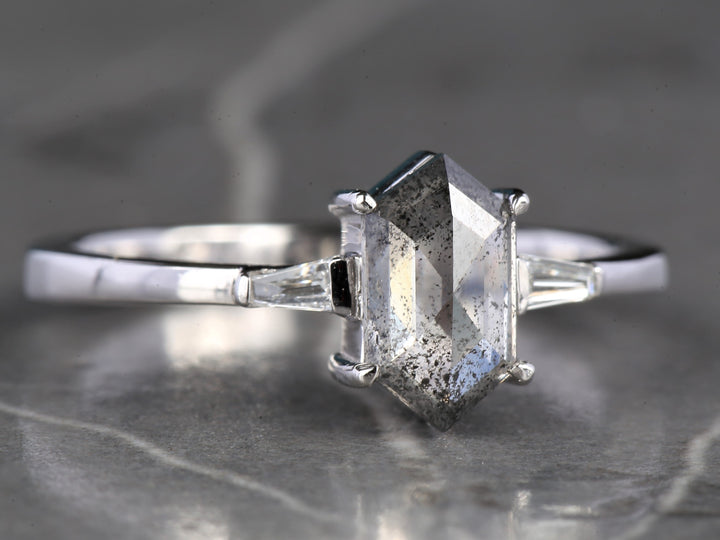 Salt and Pepper Diamond Ring, 14K Gold Engagement Ring, Natural Gray Hexagon Diamond Ring, Gift for Love