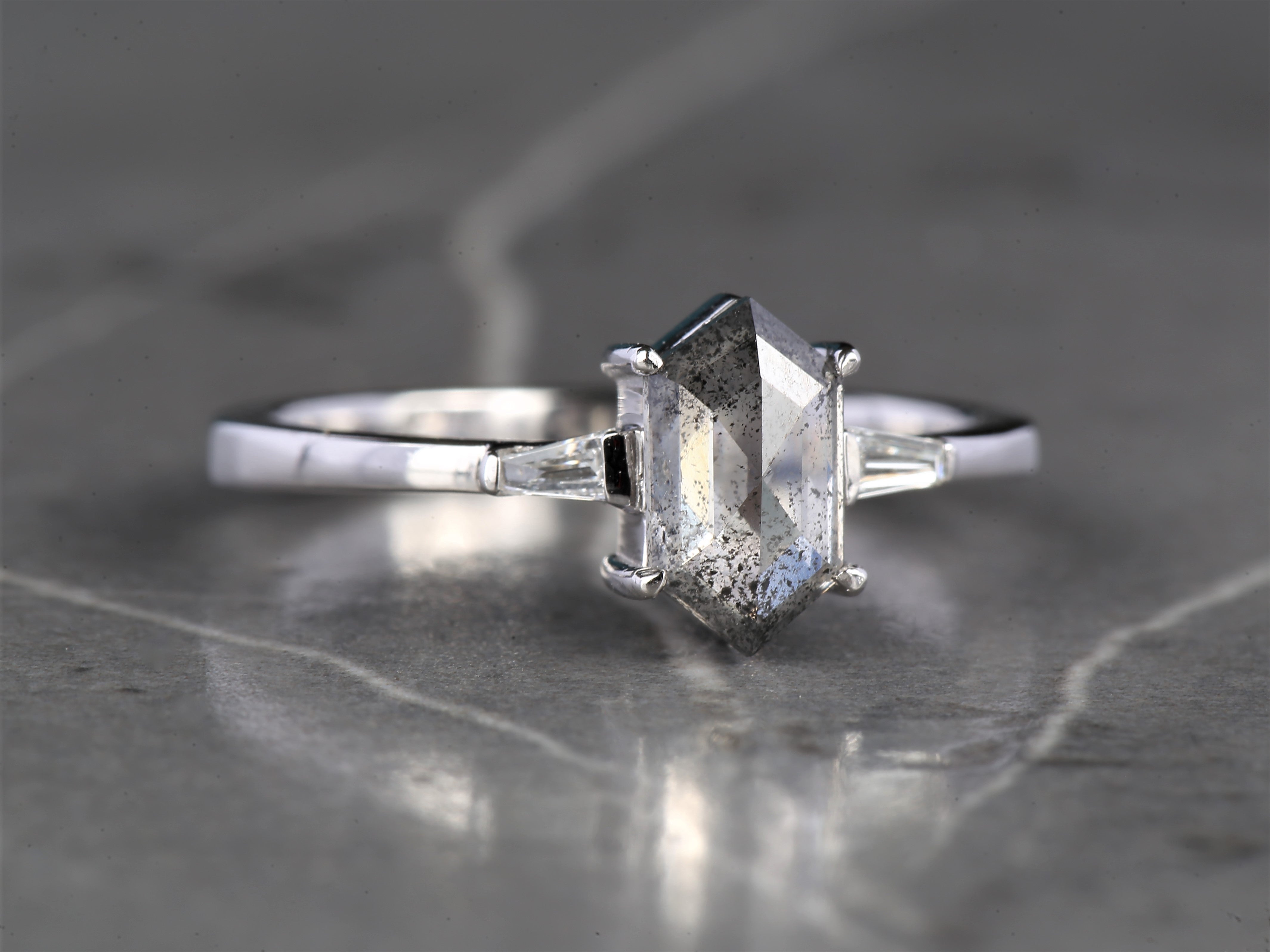 Salt and Pepper Diamond Ring, 14K Gold Engagement Ring, Natural Gray Hexagon Diamond Ring, Gift for Love