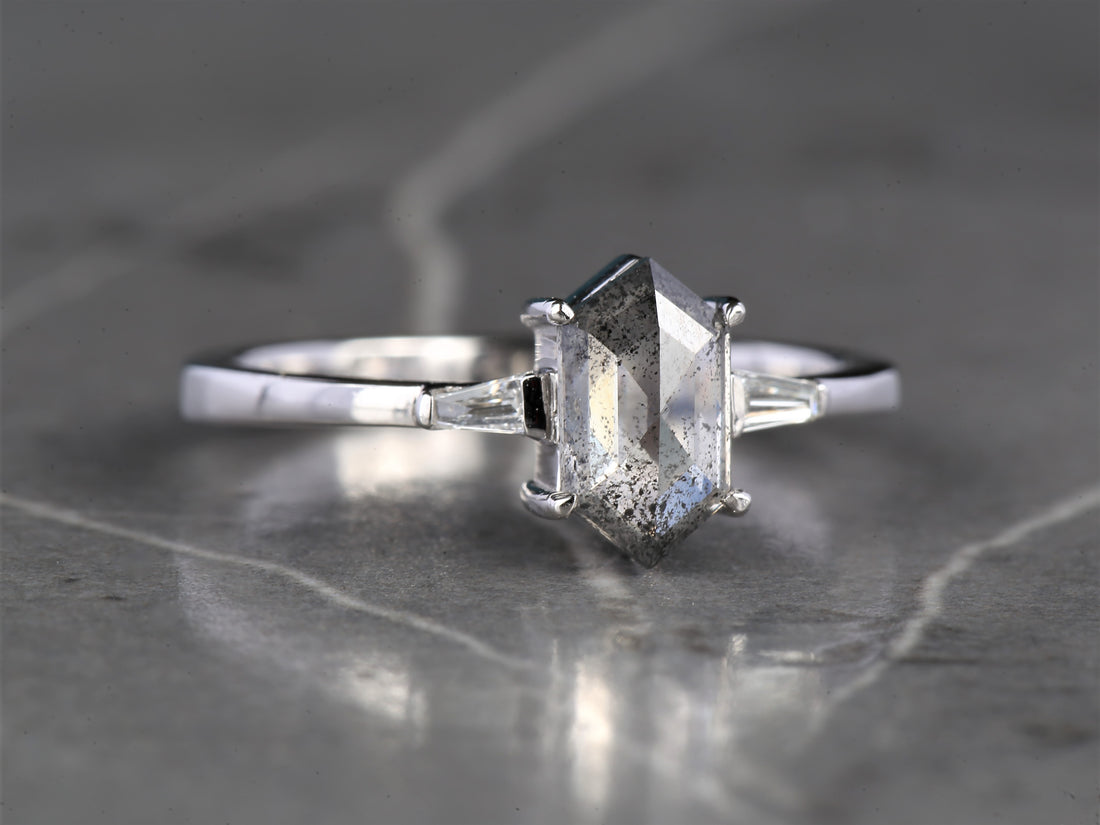 Salt and Pepper Diamond Ring, 14K Gold Engagement Ring, Natural Gray Hexagon Diamond Ring, Gift for Love