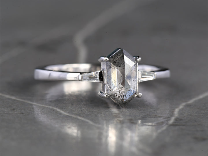 Salt and Pepper Diamond Ring, 14K Gold Engagement Ring, Natural Gray Hexagon Diamond Ring, Gift for Love