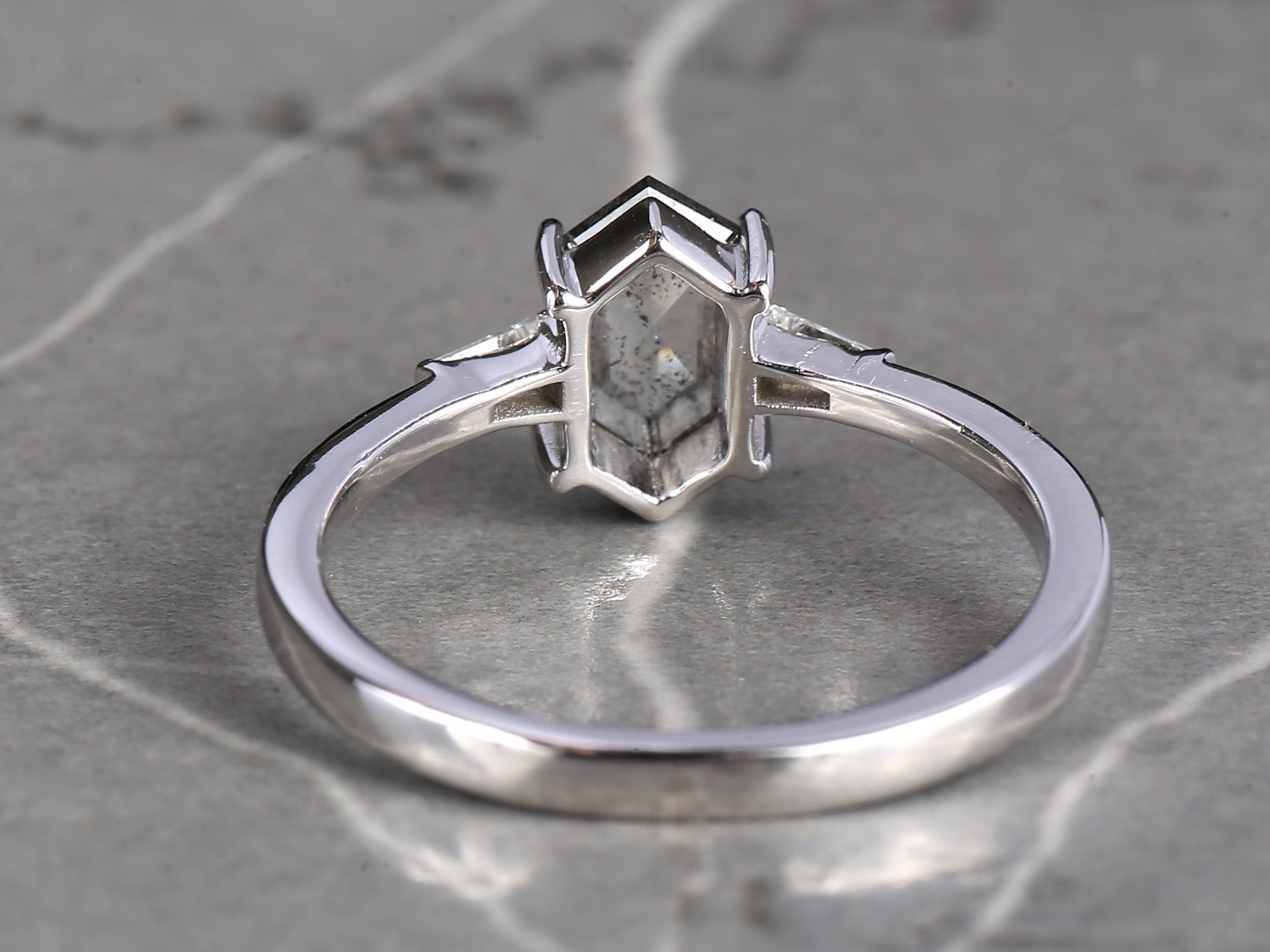 Salt and Pepper Diamond Ring, 14K Gold Engagement Ring, Natural Gray Hexagon Diamond Ring, Gift for Love