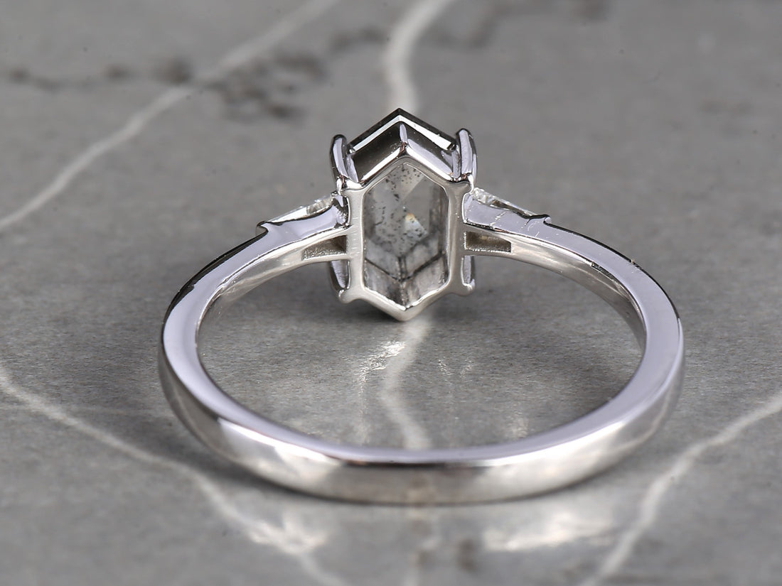 Salt and Pepper Diamond Ring, 14K Gold Engagement Ring, Natural Gray Hexagon Diamond Ring, Gift for Love