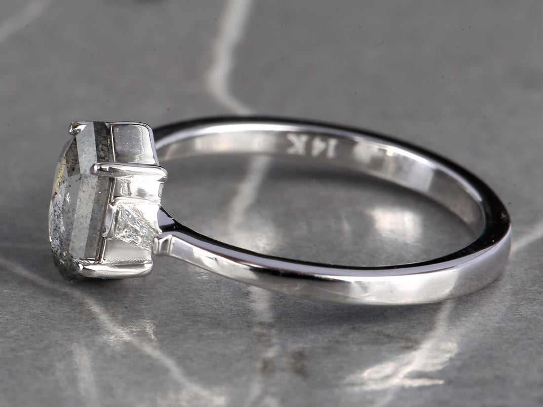 Salt and Pepper Diamond Ring, 14K Gold Engagement Ring, Natural Gray Hexagon Diamond Ring, Gift for Love