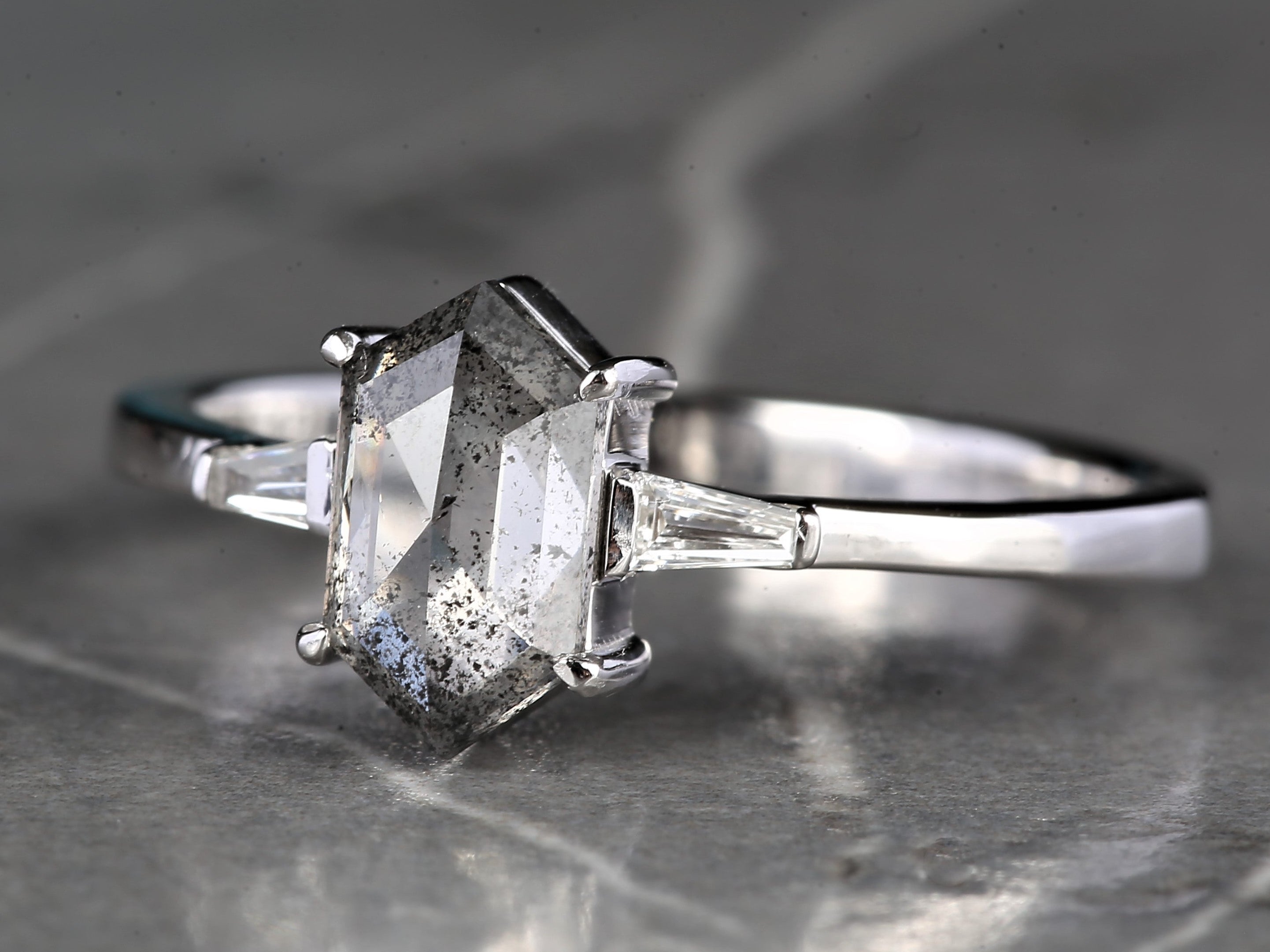 Salt and Pepper Diamond Ring, 14K Gold Engagement Ring, Natural Gray Hexagon Diamond Ring, Gift for Love