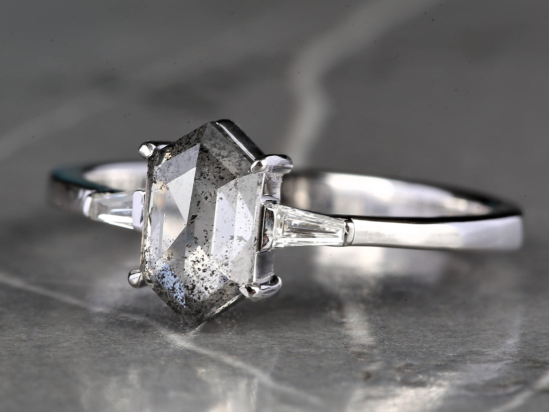 Salt and Pepper Diamond Ring, 14K Gold Engagement Ring, Natural Gray Hexagon Diamond Ring, Gift for Love