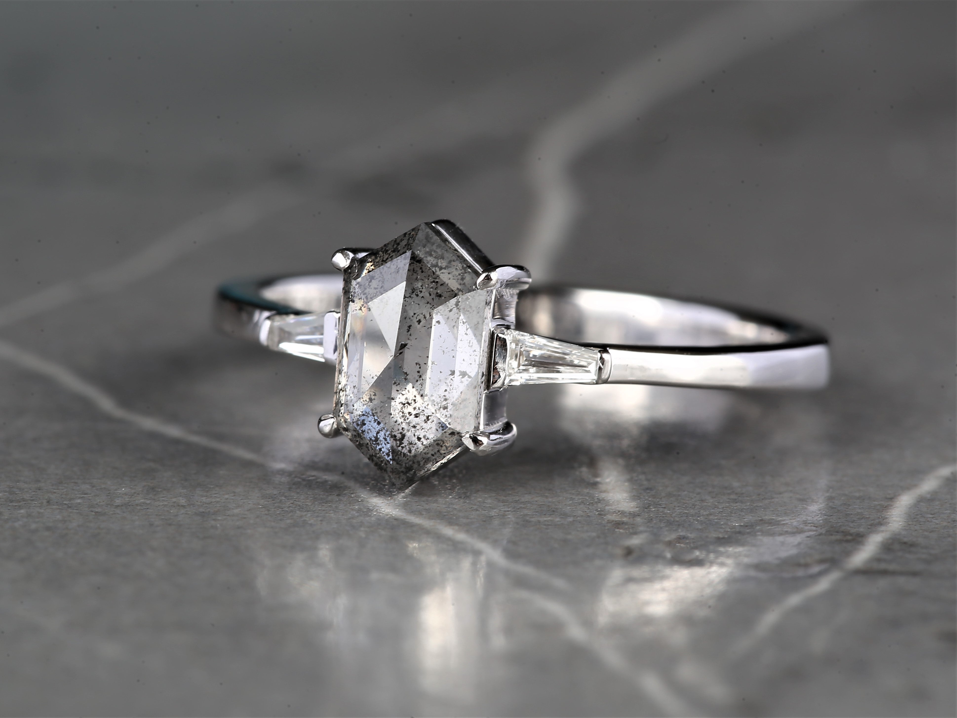 Salt and Pepper Diamond Ring, 14K Gold Engagement Ring, Natural Gray Hexagon Diamond Ring, Gift for Love