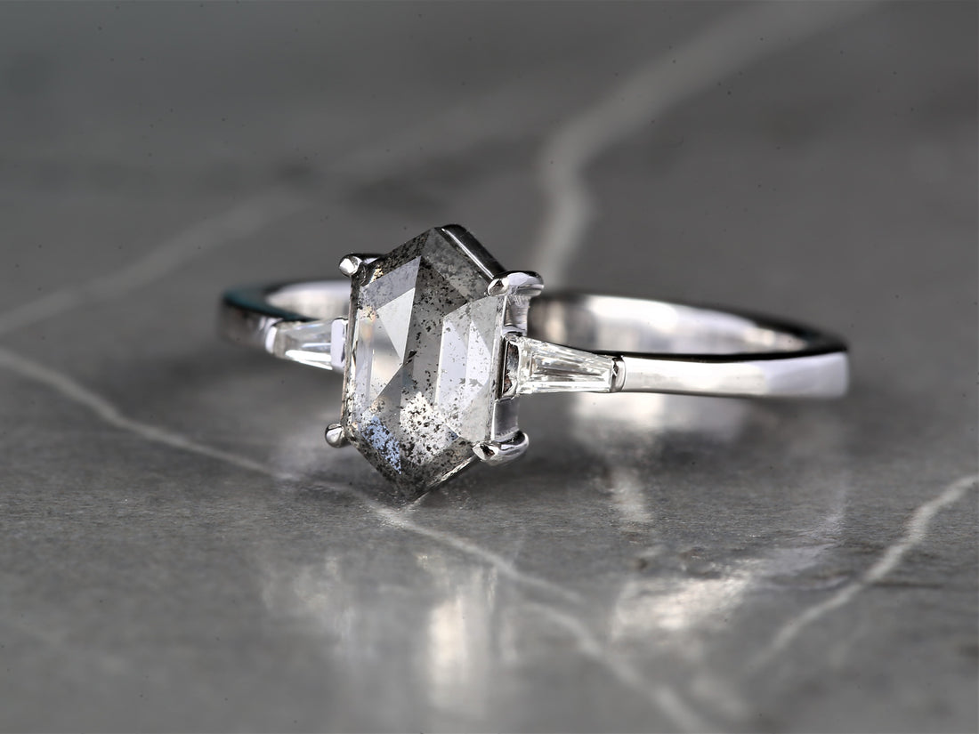 Salt and Pepper Diamond Ring, 14K Gold Engagement Ring, Natural Gray Hexagon Diamond Ring, Gift for Love