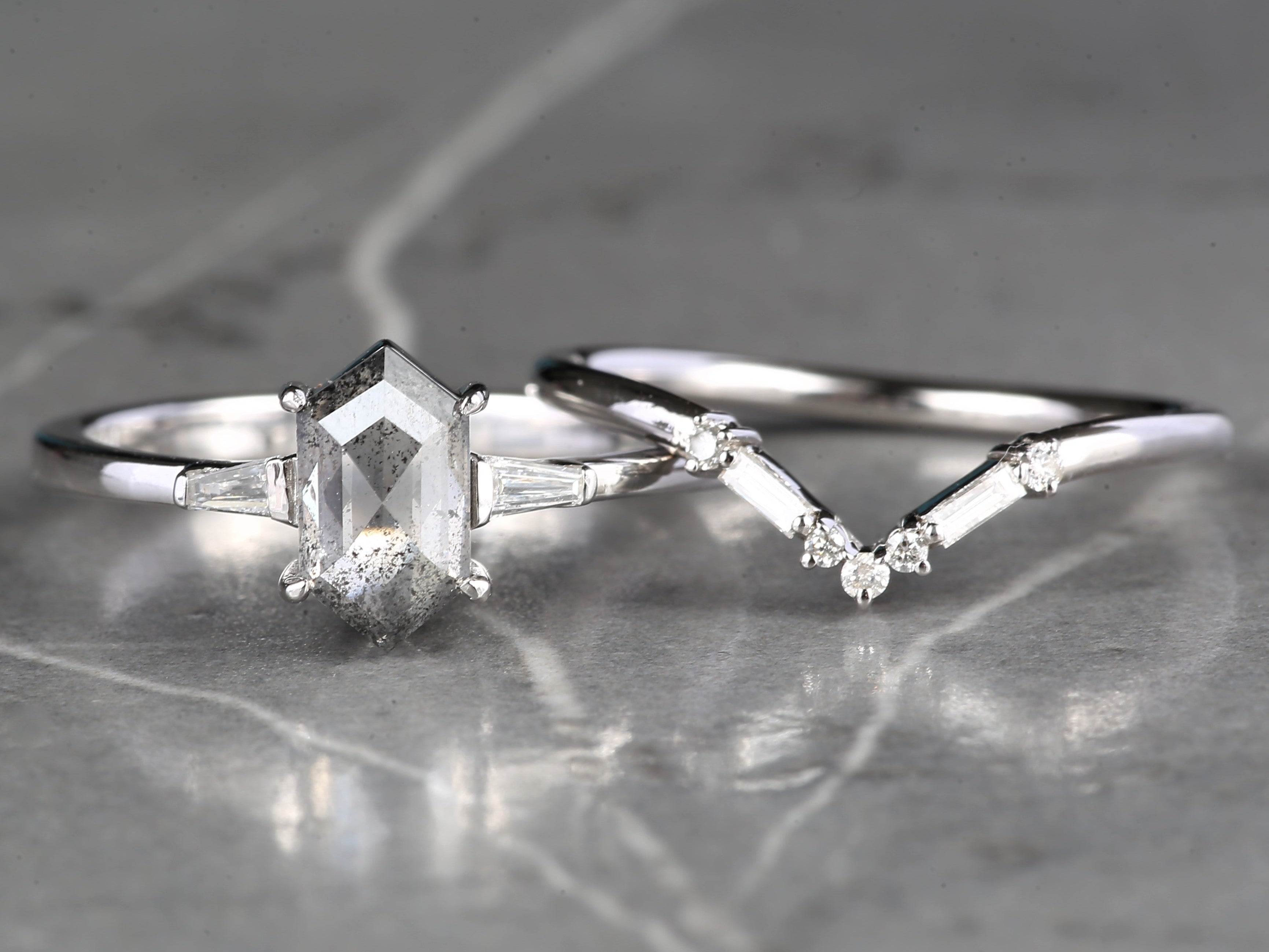 Salt and Pepper Diamond Ring, 14K Gold Engagement Ring, Natural Gray Hexagon Diamond Ring, Gift for Love