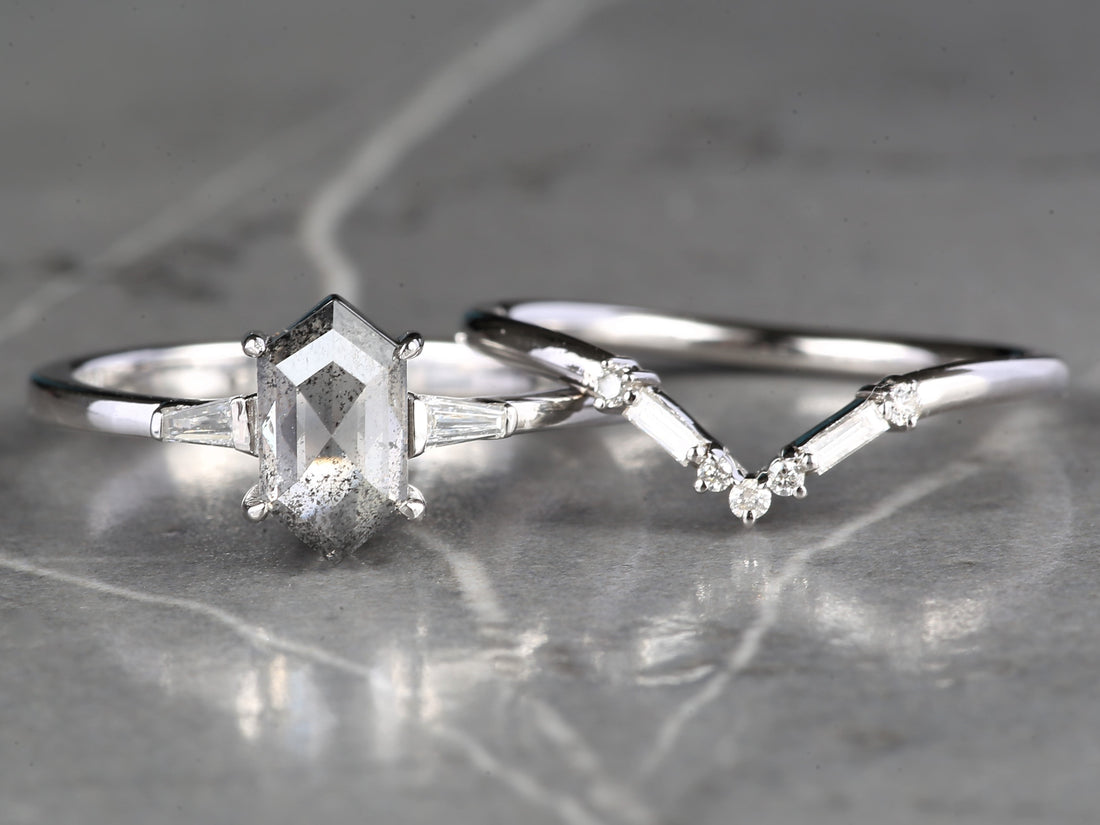 Salt and Pepper Diamond Ring, 14K Gold Engagement Ring, Natural Gray Hexagon Diamond Ring, Gift for Love