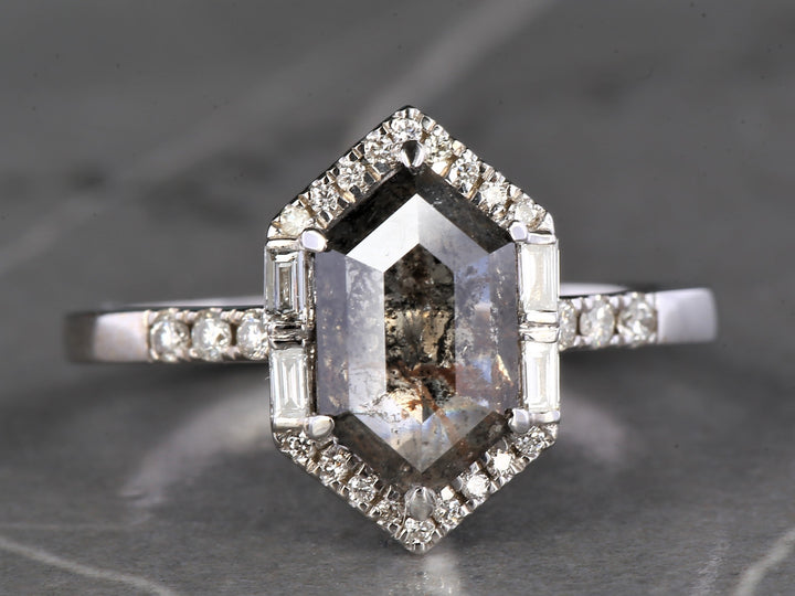 Salt and Pepper Diamond Ring, 14K Gold Engagement Halo Ring, Natural Gray Hexagon Diamond Ring, Gift for Her