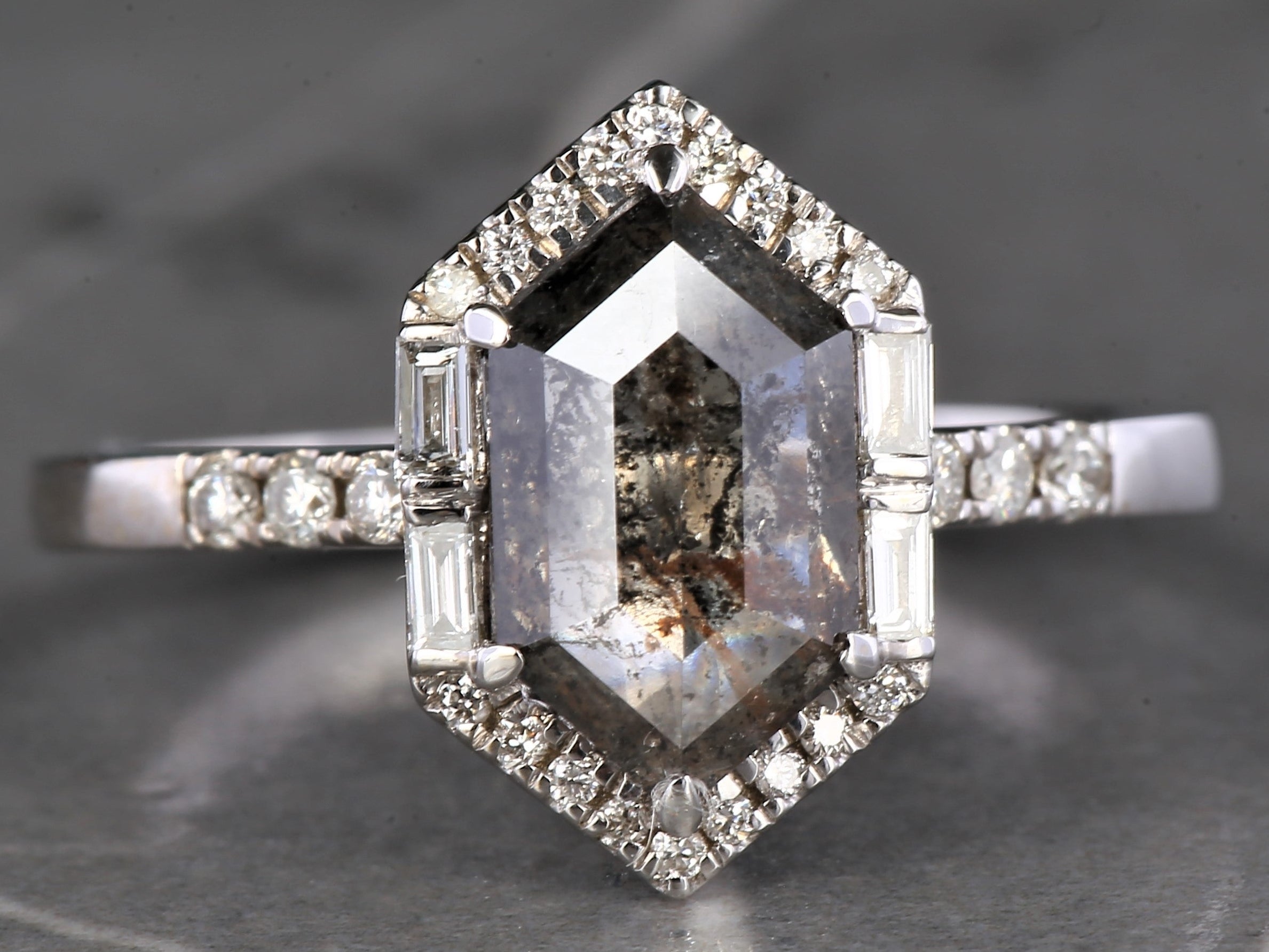 Salt and Pepper Diamond Ring, 14K Gold Engagement Halo Ring, Natural Gray Hexagon Diamond Ring, Gift for Her
