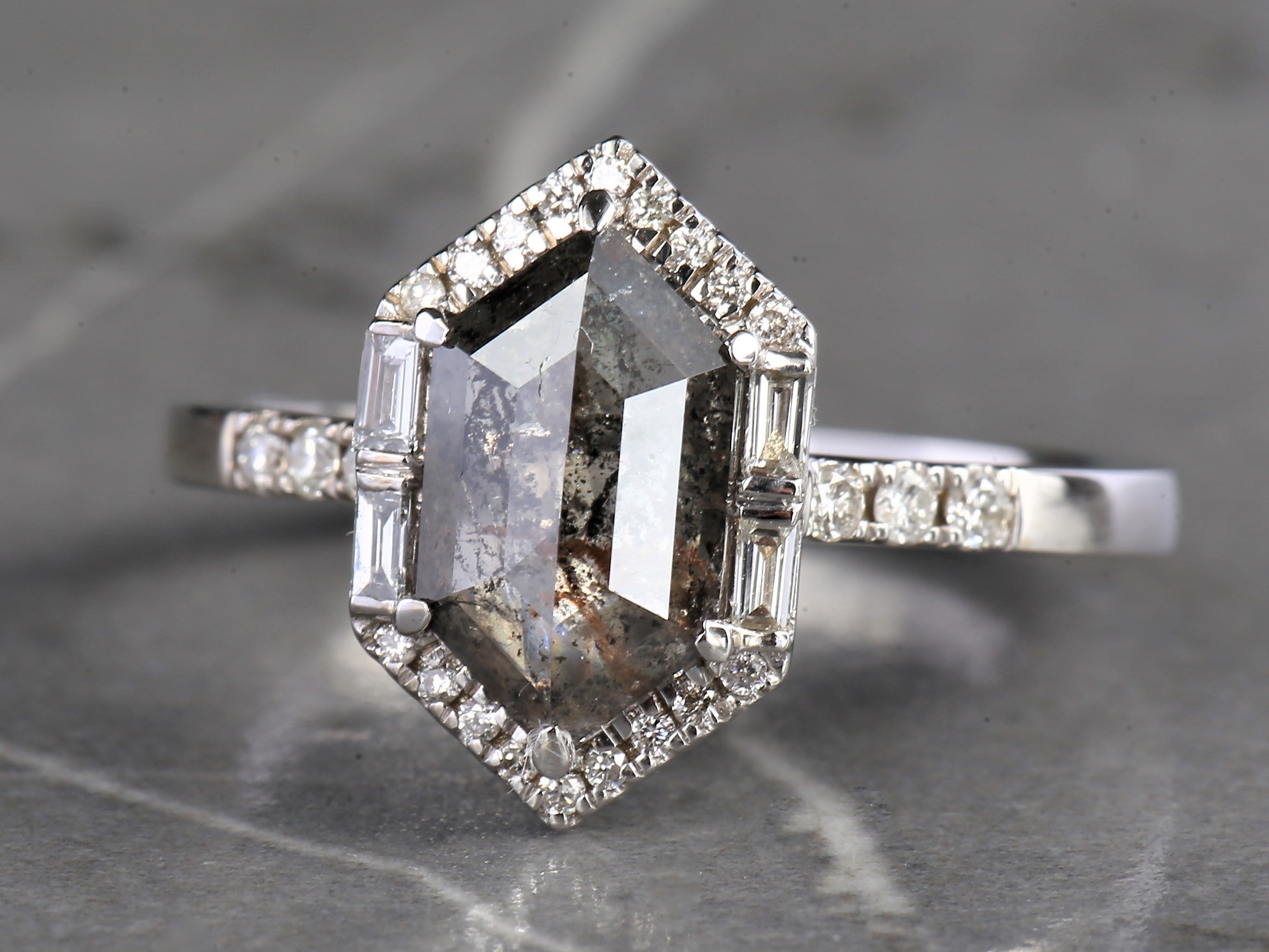 Salt and Pepper Diamond Ring, 14K Gold Engagement Halo Ring, Natural Gray Hexagon Diamond Ring, Gift for Her