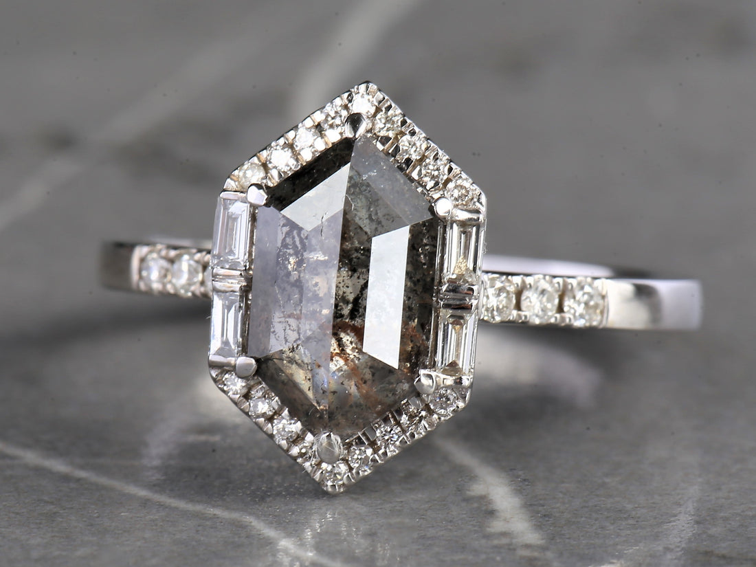 Salt and Pepper Diamond Ring, 14K Gold Engagement Halo Ring, Natural Gray Hexagon Diamond Ring, Gift for Her