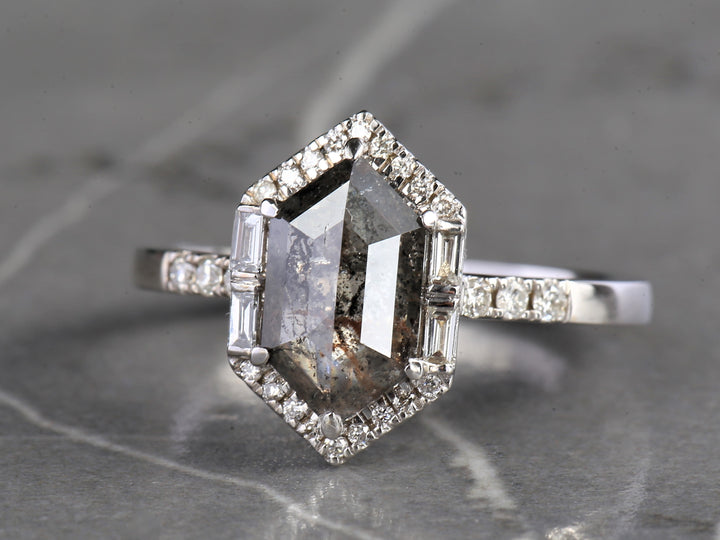 Salt and Pepper Diamond Ring, 14K Gold Engagement Halo Ring, Natural Gray Hexagon Diamond Ring, Gift for Her