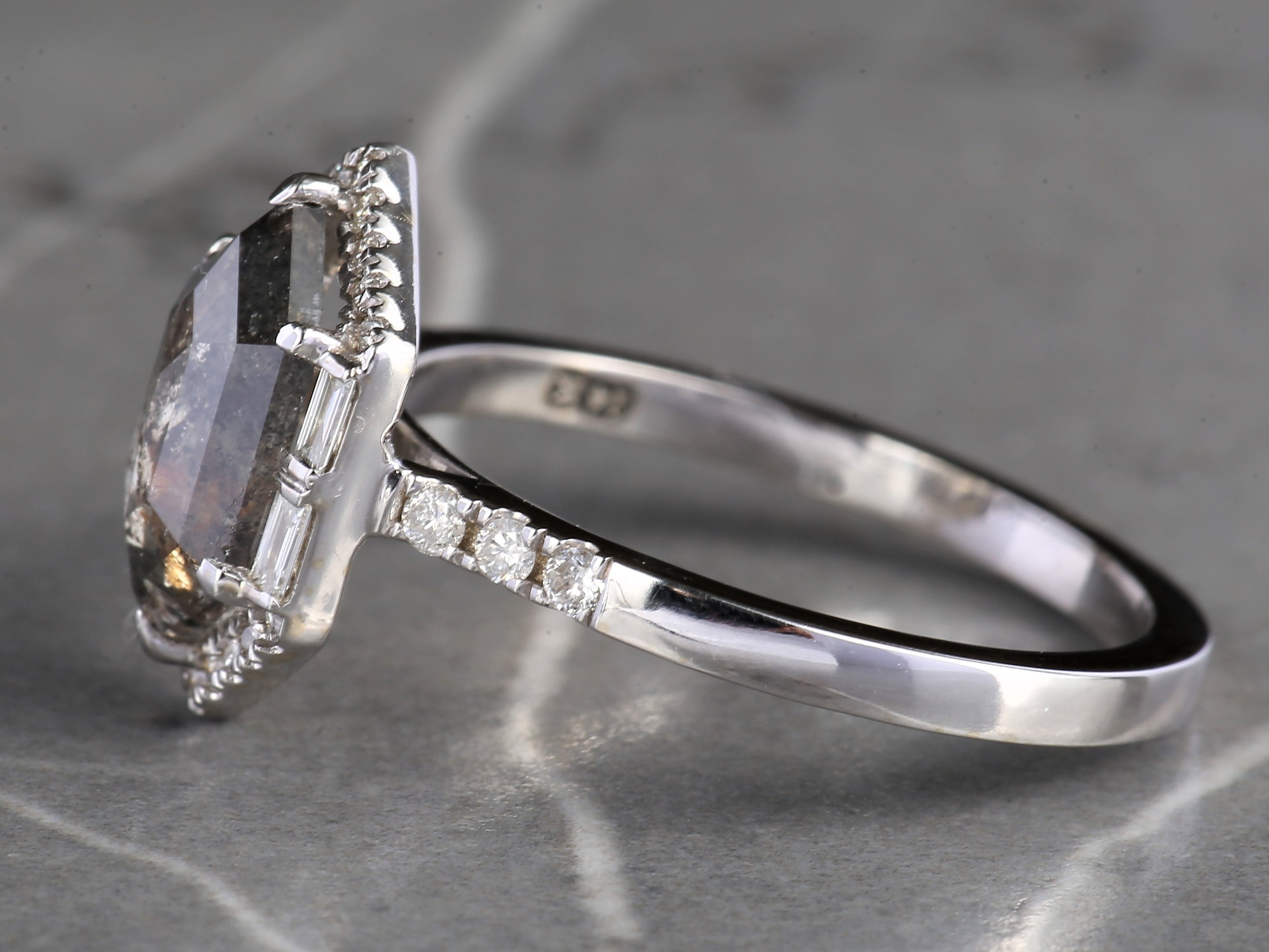 Salt and Pepper Diamond Ring, 14K Gold Engagement Halo Ring, Natural Gray Hexagon Diamond Ring, Gift for Her