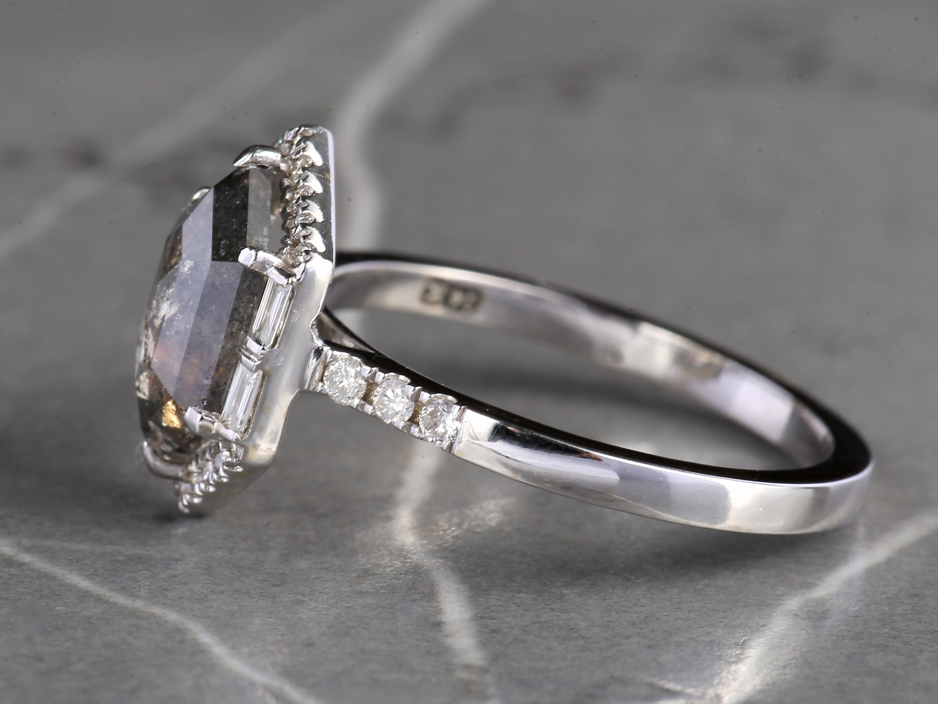 Salt and Pepper Diamond Ring, 14K Gold Engagement Halo Ring, Natural Gray Hexagon Diamond Ring, Gift for Her