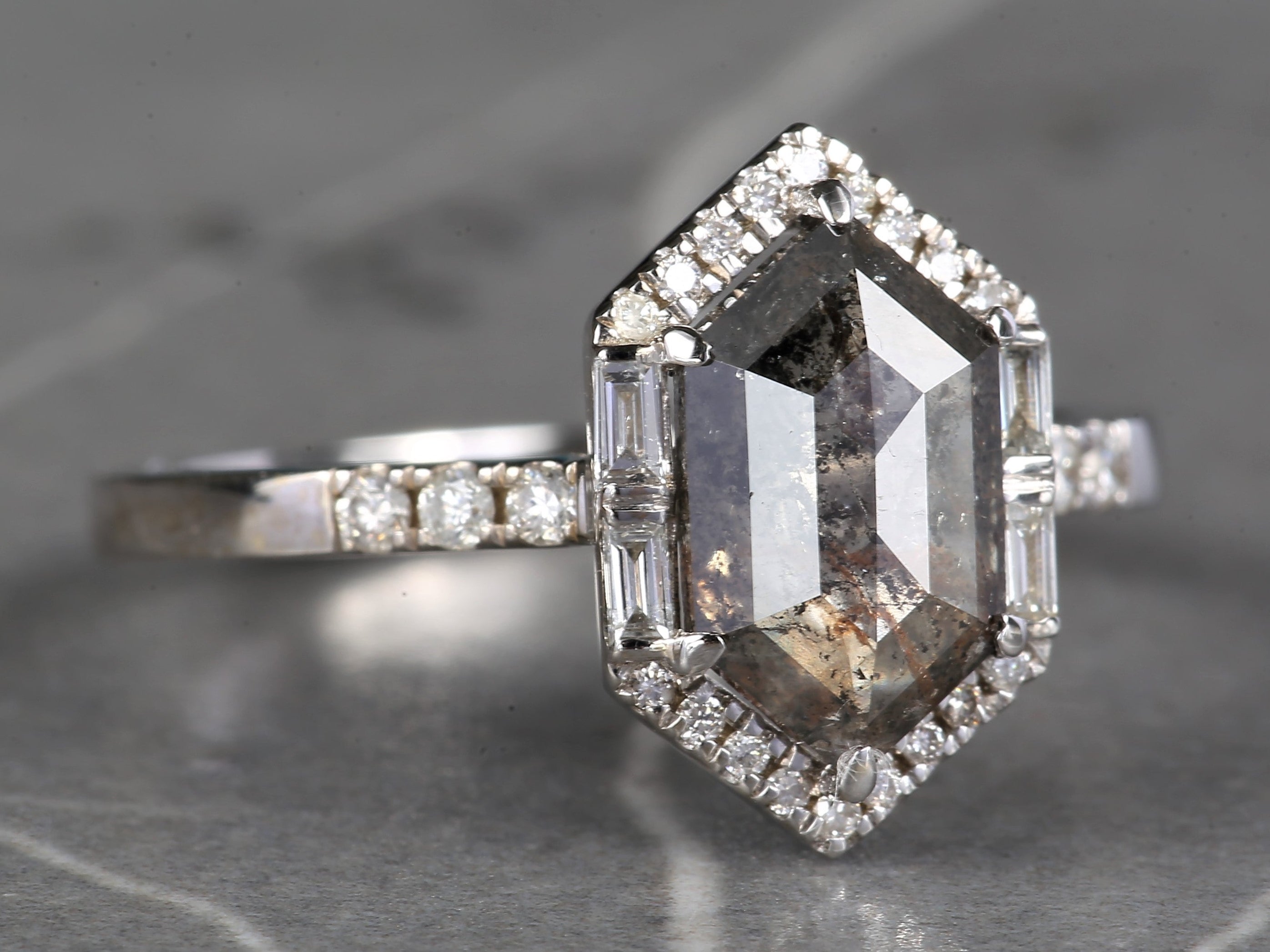 Salt and Pepper Diamond Ring, 14K Gold Engagement Halo Ring, Natural Gray Hexagon Diamond Ring, Gift for Her