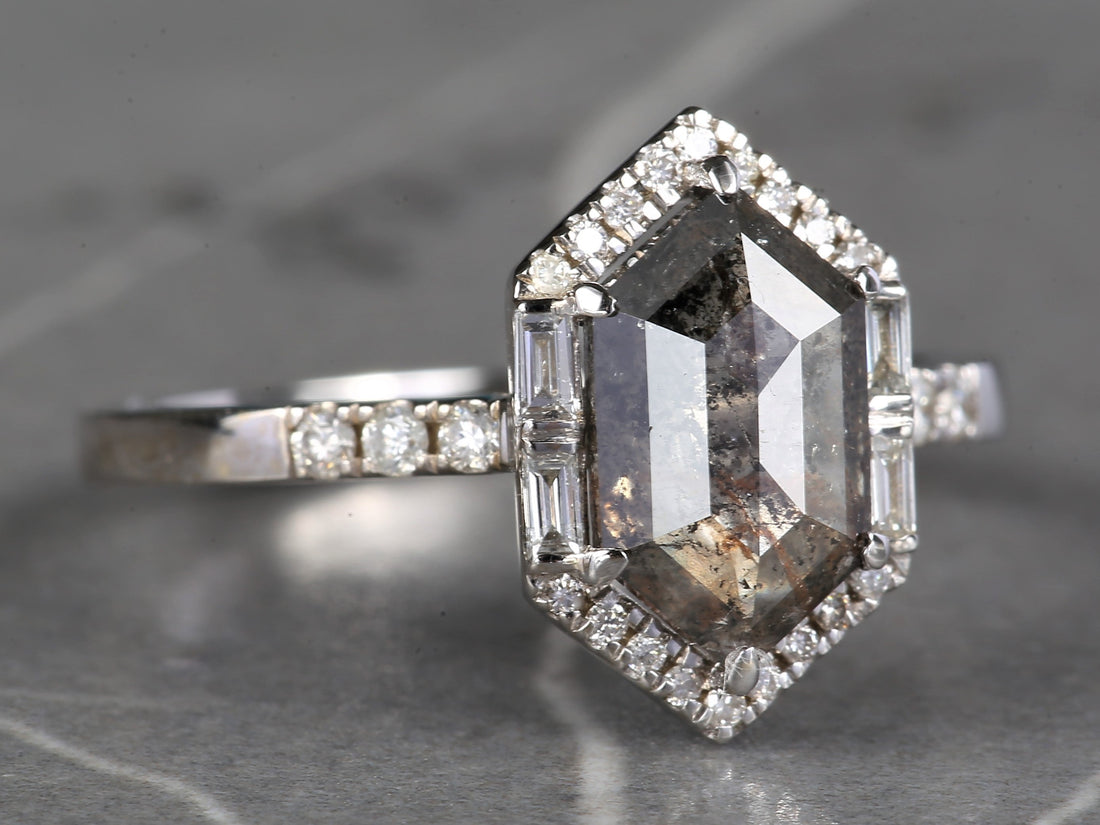 Salt and Pepper Diamond Ring, 14K Gold Engagement Halo Ring, Natural Gray Hexagon Diamond Ring, Gift for Her