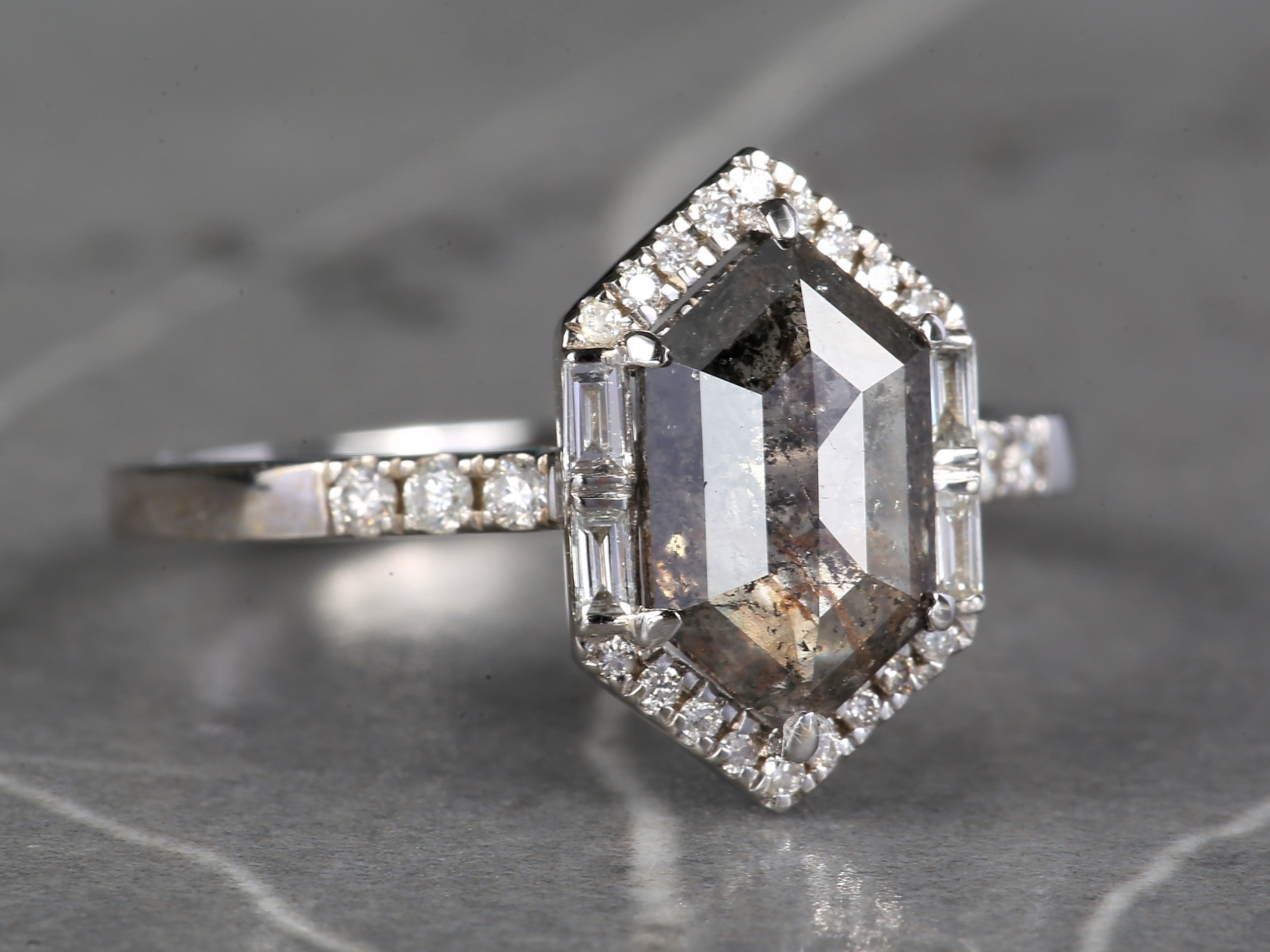 Salt and Pepper Diamond Ring, 14K Gold Engagement Halo Ring, Natural Gray Hexagon Diamond Ring, Gift for Her