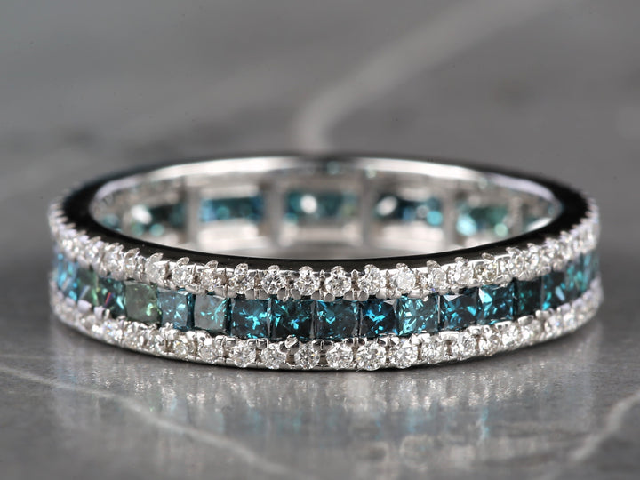 Blue Princess Cut Diamond Ring 14K Gold Anniversary Band, Natural Diamond Ring, Gift for Her