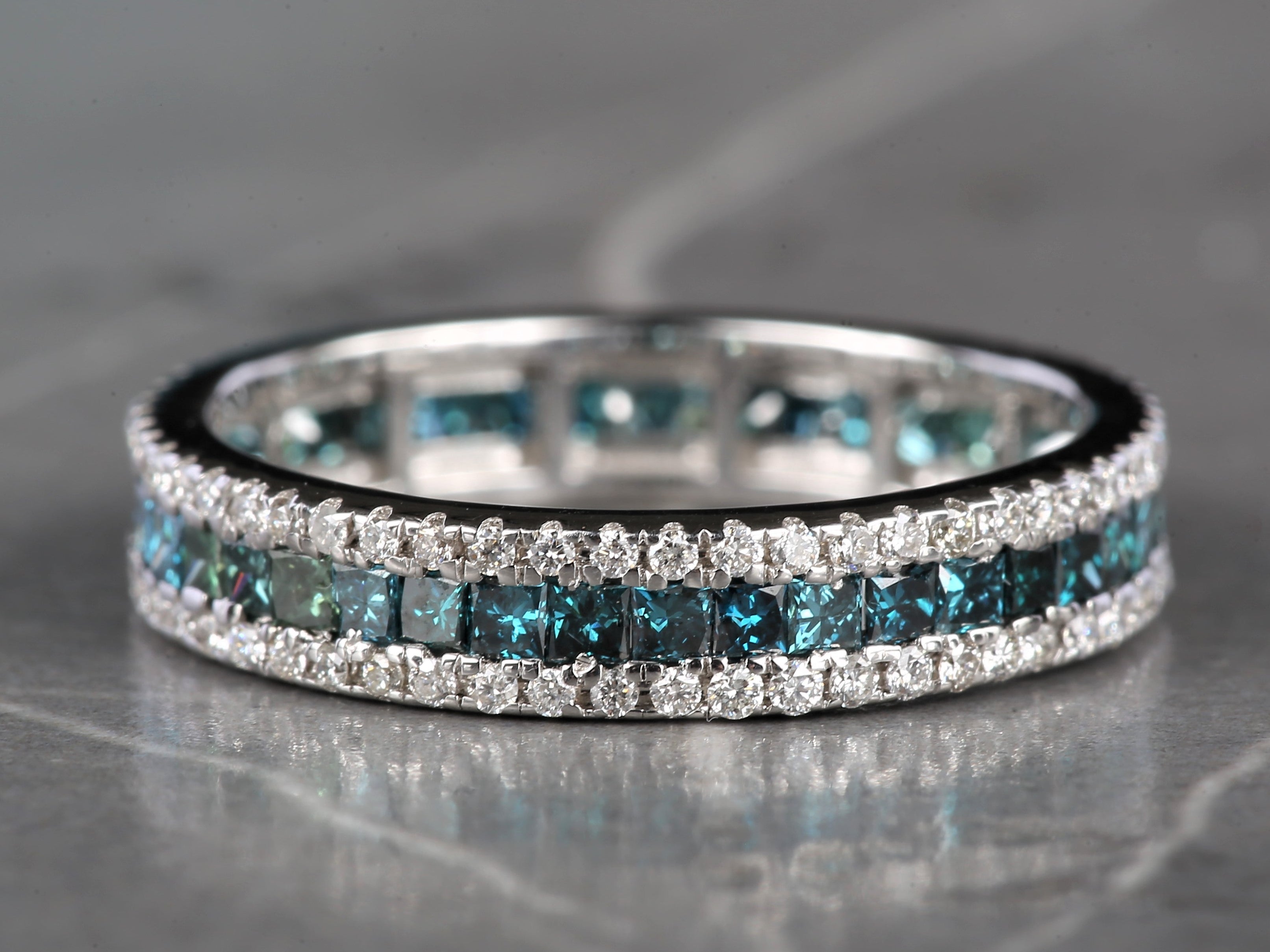 Blue Diamond Ring, 14K Gold Engagement Ring, Natural Princess Diamond Full Eternity Ring, Gift for Her